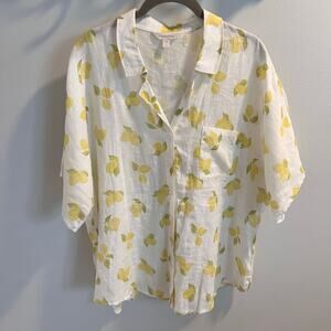 Garnet Hill Lemon Print 100% Linen Button Front Shirt Size 18